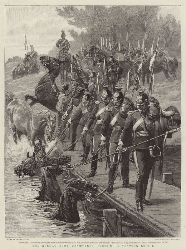 As manobras do exército alemão, atravessando uma ponte do pontão de John Charlton