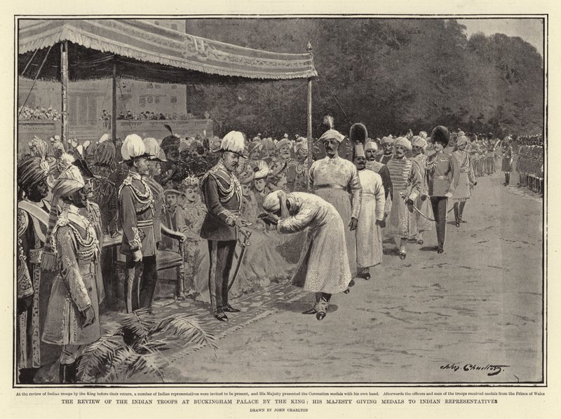 A revisão das tropas indianas no palácio de Buckingham pelo rei, Sua Majestade dando medalhas aos representantes indianos de John Charlton