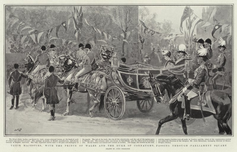 Suas Majestades, com o Príncipe de Gales e o Duque de Connaught, passando pela Praça do Parlamento de John Charlton