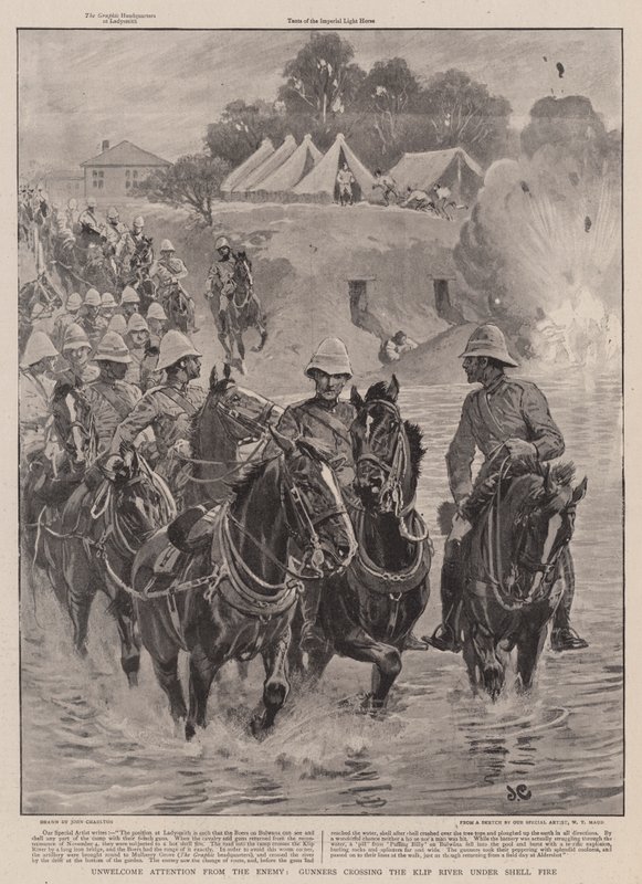 Atenção indesejada do inimigo, artilheiros cruzando o rio Klip sob fogo de cascos de John Charlton
