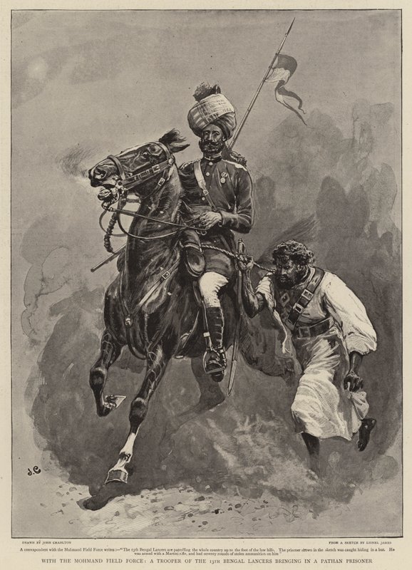 Com a Força de Campo de Mohmand, um Soldado dos 13 Lancers de Bengala trazendo um Prisioneiro de Pathan de John Charlton