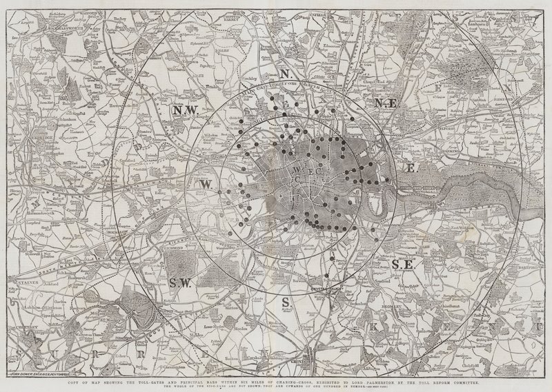 Cópia do mapa mostrando as Portagens e Barras Principais dentro de Seis Milhas de Charing-Cross, exibidas para Lord Palmerston pelo Comitê de Reforma de Pedágio de John Dower