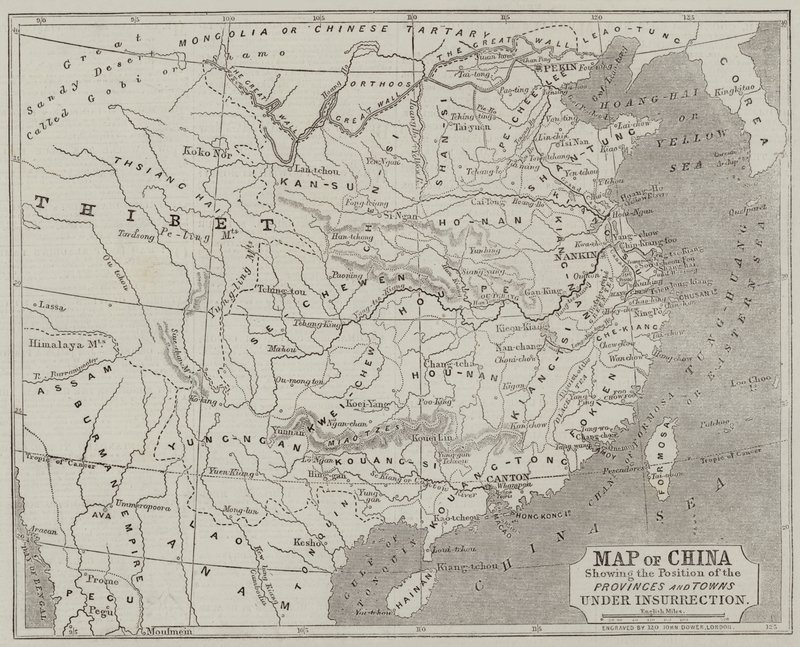 Mapa da China mostrando a posição das províncias e cidades sob a insurreição de John Dower