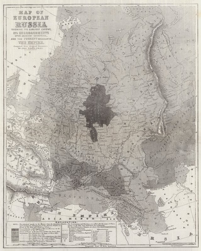 Mapa da Rússia européia mostrando sua extensão anterior, suas invasões em países adjacentes e o atual limite do império de John Dower