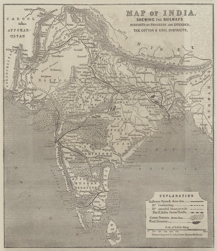 Mapa da Índia, mostrando os Caminhos de Ferro terminados, em Progresso e Pretendido, os Distritos de Algodão e Carvão de John Dower