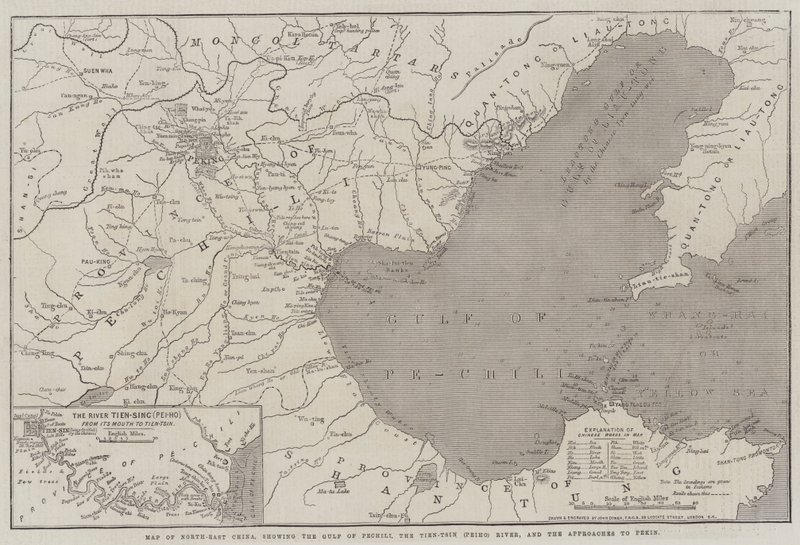 Mapa do Nordeste da China, mostrando o Golfo de Pechili, o rio Tien-Tsin (Peiho) e as Abordagens de Pequim de John Dower