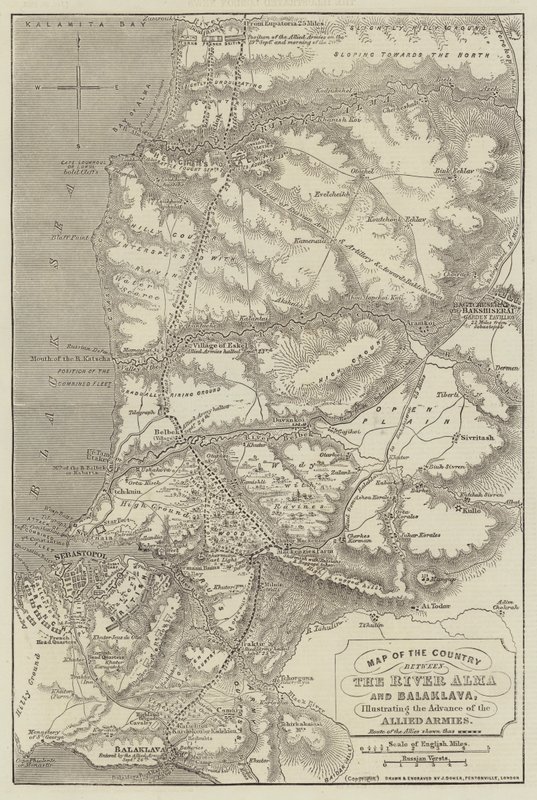 Mapa do país entre o rio Alma e Balaklava, ilustrando o avanço dos exércitos aliados de John Dower