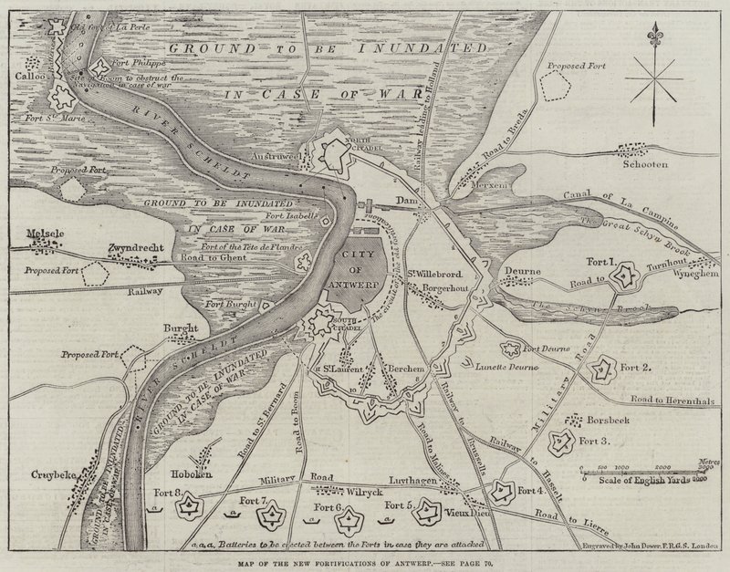 Mapa das Novas Fortificações de Antuérpia de John Dower