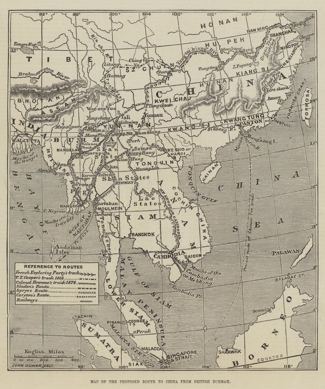 Mapa da rota proposta para a China da Birmânia Britânica de John Dower