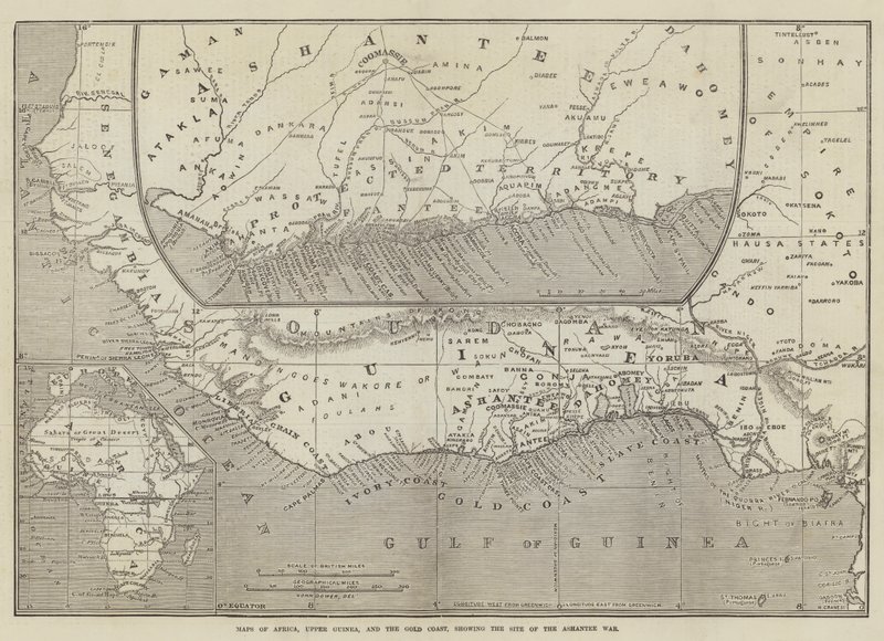 Mapas da África, da Alta Guiné e da Gold Coast, mostrando o local da Guerra de Assânteos de John Dower