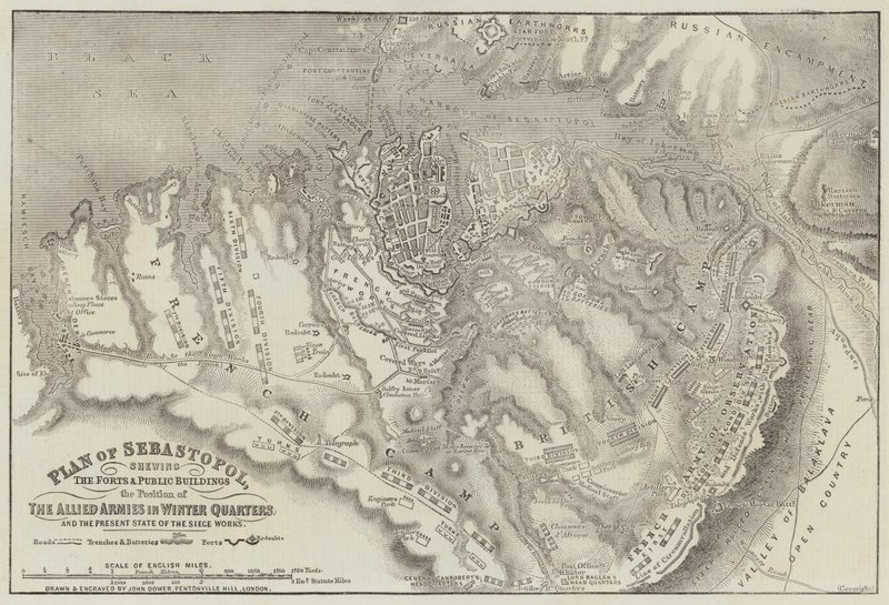 Plano de Sebastopol, mostrando os fortes e edifícios públicos a posição dos exércitos aliados em Winter Quarters de John Dower