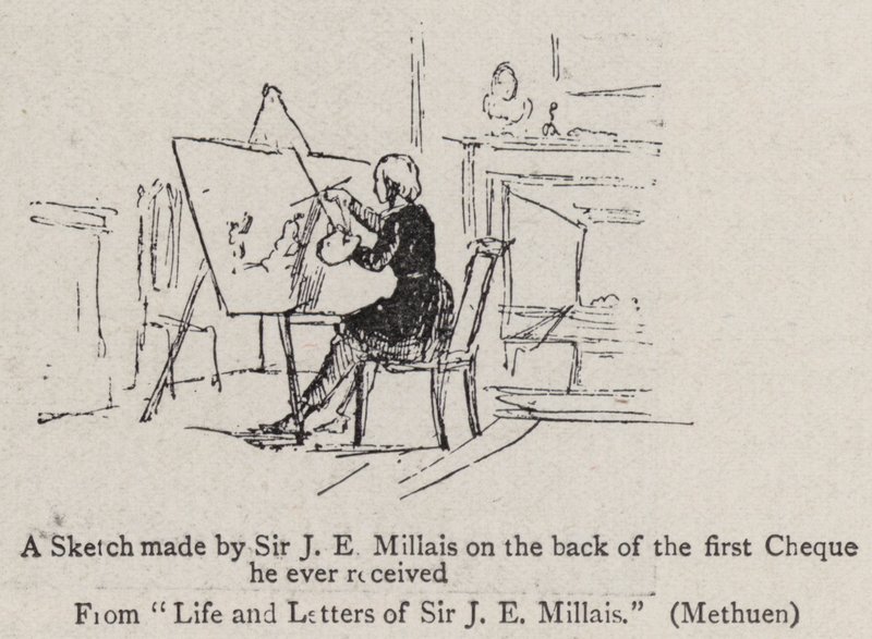 Um esboço feito por Sir JE Millais na parte de trás do primeiro cheque que ele já recebeu de John Everett Millais