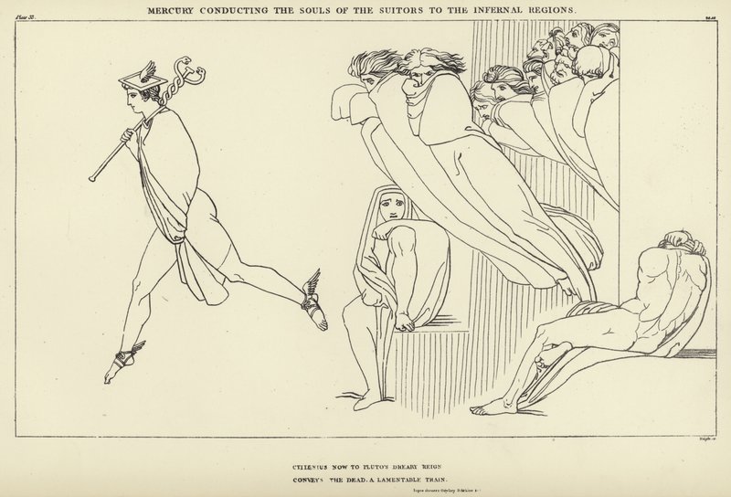 Mercúrio conduzindo as almas dos pretendentes às regiões infernais de John Flaxman