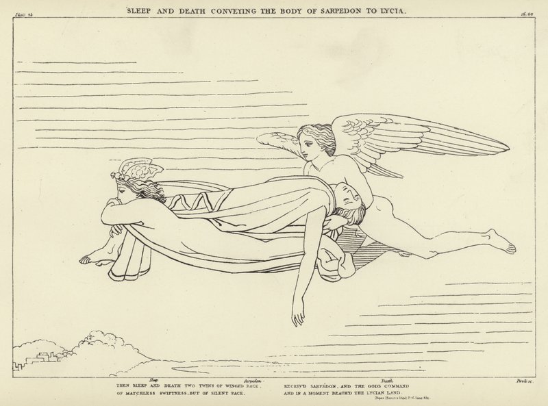 Sono e Morte transportando o corpo de Sarpedon para Lycia de John Flaxman