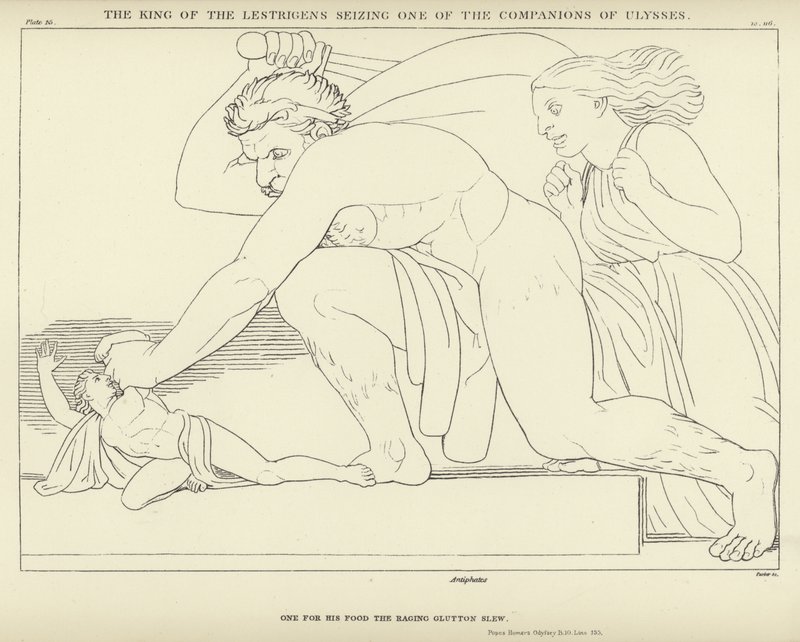 O Rei dos Lestrigens apreendendo um dos Companheiros de Ulisses de John Flaxman