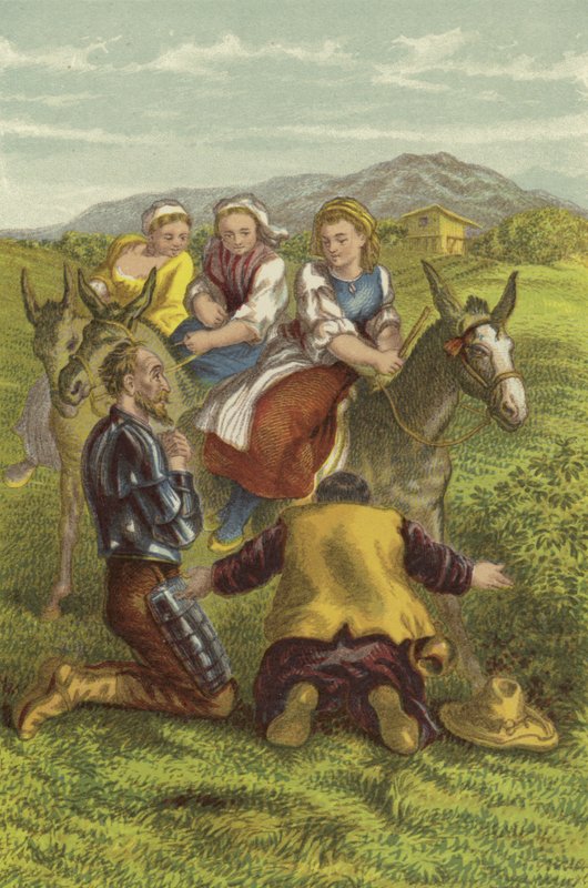 Dom Quixote, Sancho e as moças do campo (cromolito) de John Gilbert
