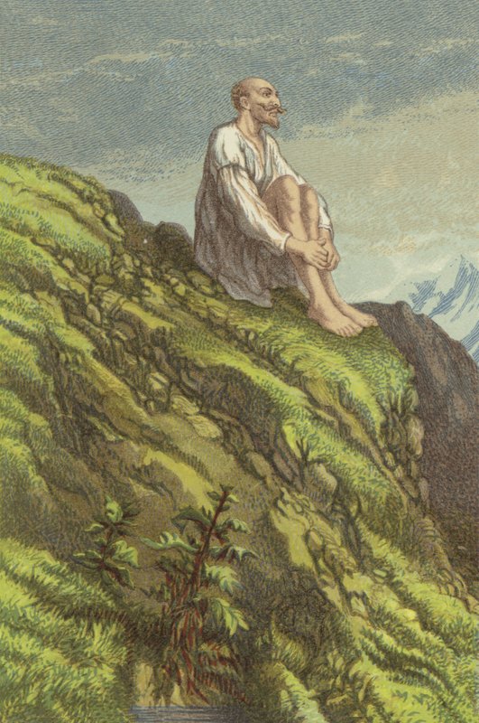 Dom Quixote na Serra Morena fazendo penitência (cromolito) de John Gilbert