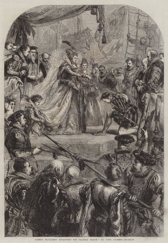 Rainha Elizabeth cavaleiro Sir Francis Drake de John Gilbert