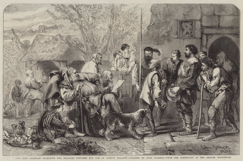 Sir John Falstaff examinando os recrutas fornecidos por ele pela Justiça Shallow de John Gilbert
