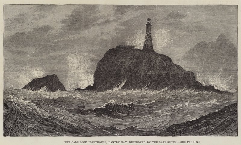 O farol da rocha da vitela, baía de Bantry, destruído pela tempestade atrasada de John Gilbert