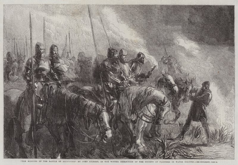 A manhã da batalha de Agincourt, na exposição de inverno da Sociedade dos Pintores em aquarela de John Gilbert