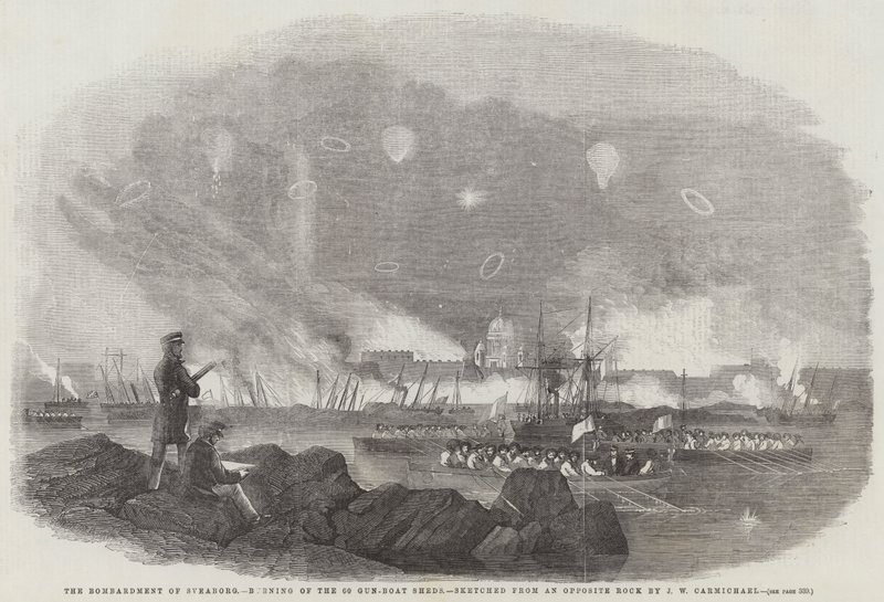 O bombardeio de Sveaborg, queima dos 60 galpões de barcos de pesca, esboçados de uma rocha oposta de John Wilson Carmichael
