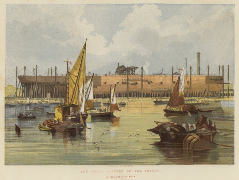 O Great Eastern nos estoques, como visto do rio de John Wilson Carmichael
