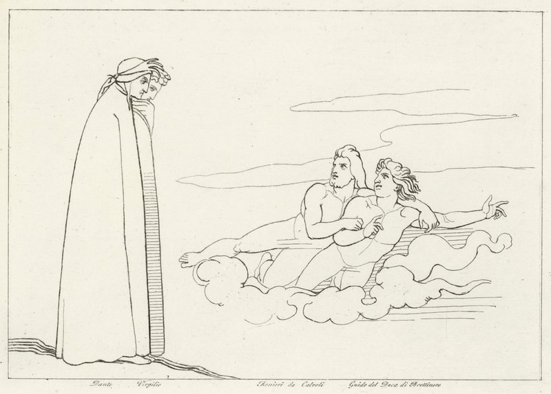 Uma conversa com Guido Di Brettinoro, Purgatório, Canto 14 (gravura) de John (after) Flaxman