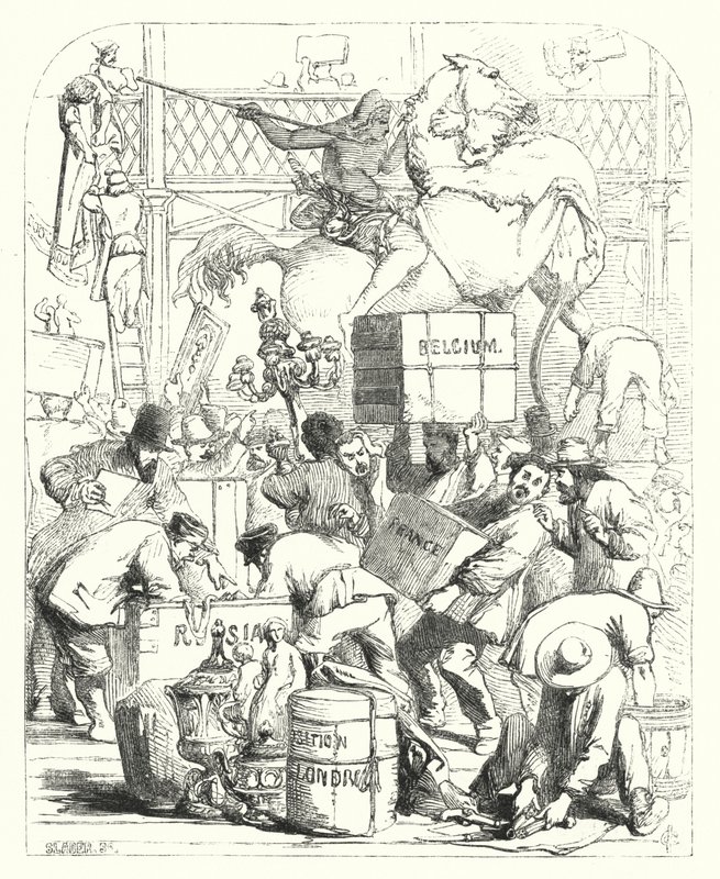 Chegada dos bens a expor na Grande Exposição de 1851, Crystal Palace, Hyde Park, Londres (gravura) de John (after) Gilbert