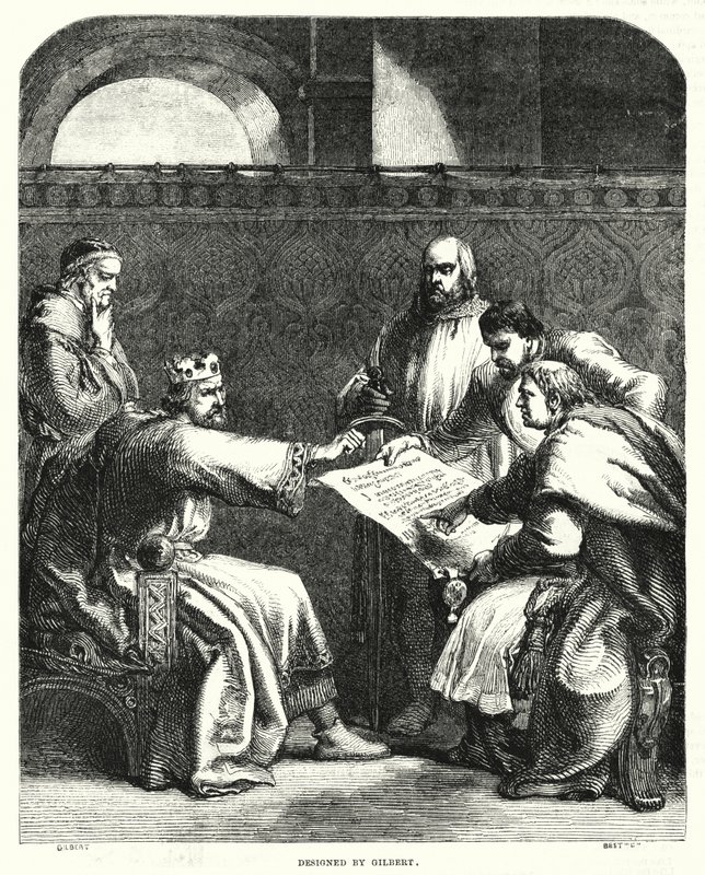 Rei João recusando-se a assinar a Magna Charta em Oxford, em 1215 (gravura) de John (after) Gilbert