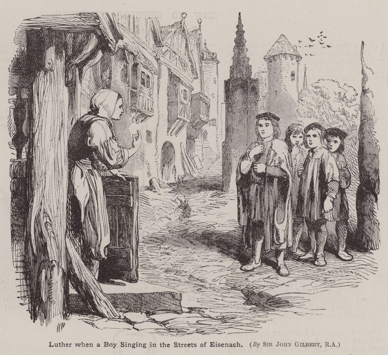 Martinho Lutero quando um rapaz canta nas ruas de Eisenach (gravura) de John (after) Gilbert