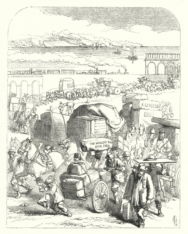 Navios e trens trazendo visitantes para a Grande Exposição de 1851, Crystal Palace, Hyde Park, Londres (gravura) de John (after) Gilbert