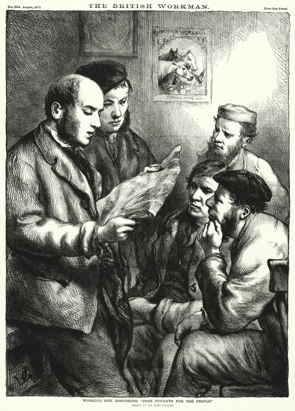 Homens trabalhadores discutindo "Domingos livres para o povo" (gravura) de John (after) Gilbert