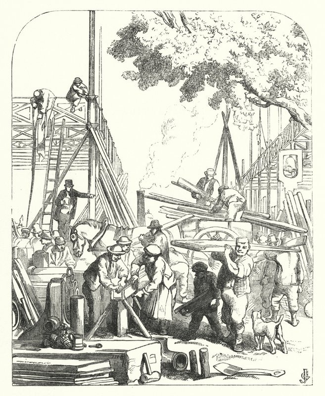 Trabalhadores no local do Palácio de Cristal, Hyde Park, Londres, local da Grande Exposição de 1851 (gravura) de John (after) Gilbert