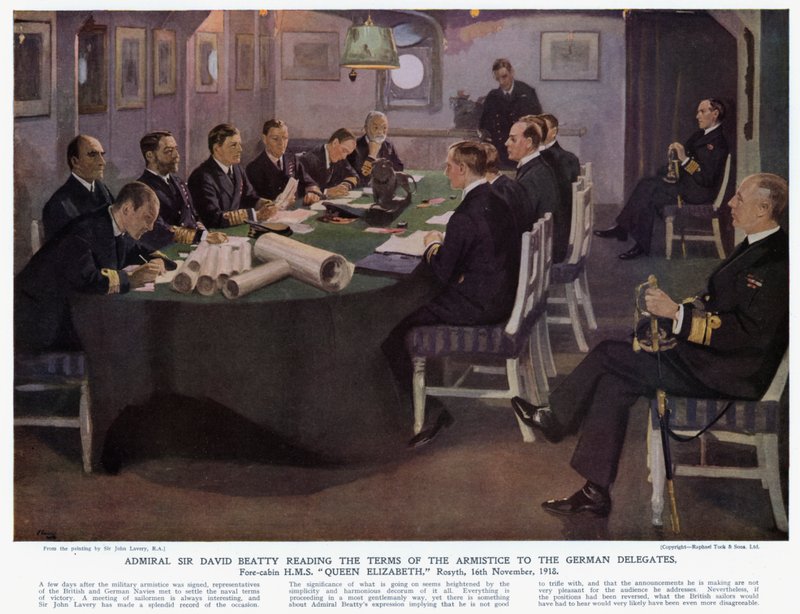 Almirante Sir David Beatty lendo os termos do armistício aos Delegados Alemães, antecabina HMS Rainha Elizabeth, Rosyth de John (after) Lavery