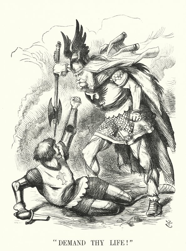 Soco cartoon: Exige a Tua Vida! - A derrota da França na Guerra Franco-Prussiana (gravura) de John (after) Tenniel