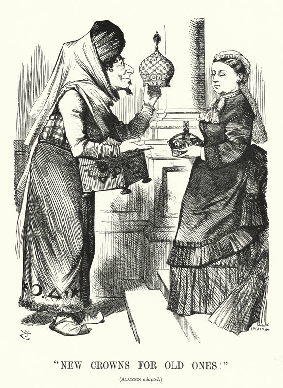 Soco cartoon: Coroas Novas para os Antigos. Benjamin Disraeli (como Aladino) com a Rainha Victoria - o Royal Titles Act 1876 reconhecendo a Rainha como Imperatriz da Índia (gravura) de John (after) Tenniel