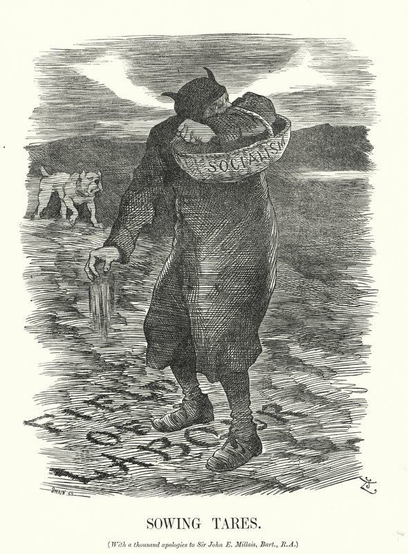 Soco cartoon: Semeando Taras - o medo da propagação do Socialismo entre os trabalhadores britânicos (gravura) de John (after) Tenniel