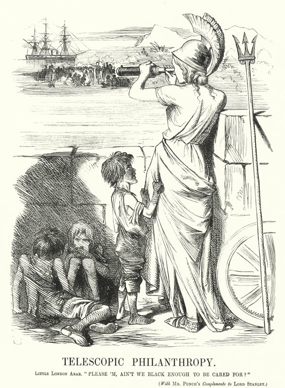 Soco cartoon: Filantropia Telescópica - a preocupação da classe média vitoriana com a ajuda aos pobres estrangeiros bastante bronzeados em casa (gravura) de John (after) Tenniel
