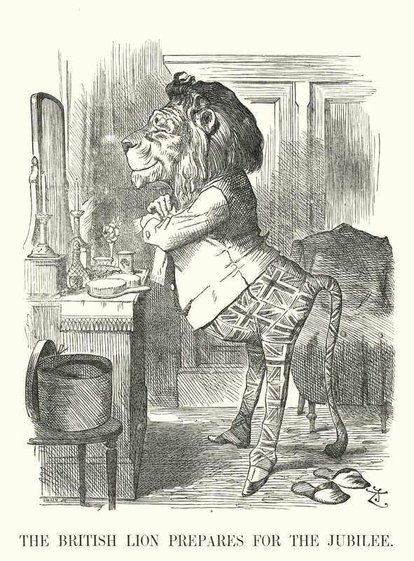 Soco cartoon: O Leão Britânico Prepara-se para o Jubileu - O Jubileu de Ouro da Rainha Vitória de John (after) Tenniel