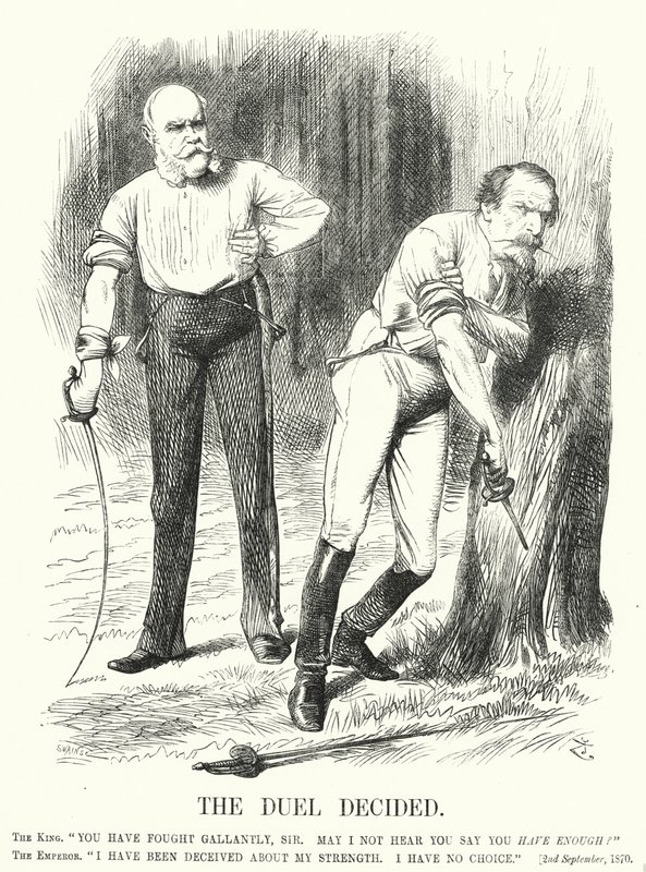 Soco cartoon: O Duelo decidiu - a derrota da França na Guerra Franco-Prussiana (gravura) de John (after) Tenniel