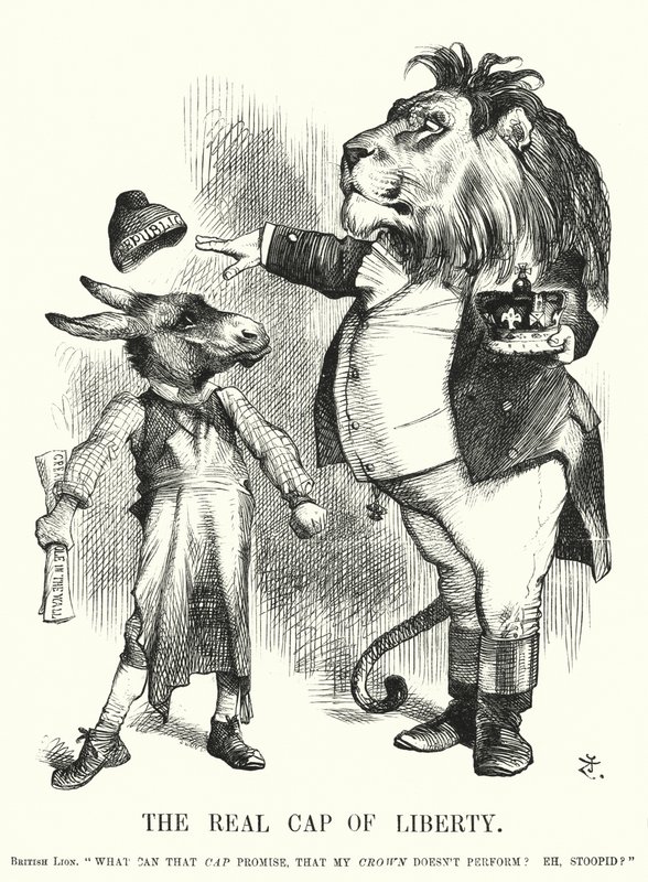 Soco cartoon: The Real Cap of Liberty - a superioridade da monarquia constitucional britânica sobre o republicanismo (gravura) de John (after) Tenniel