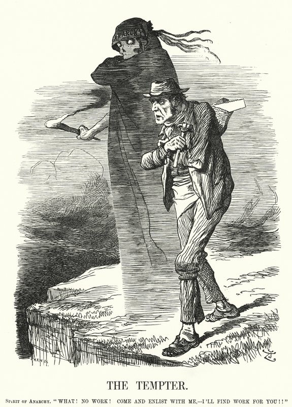 Soco cartoon: O tentador - tentação do anarquismo para os desempregados (gravura) de John (after) Tenniel
