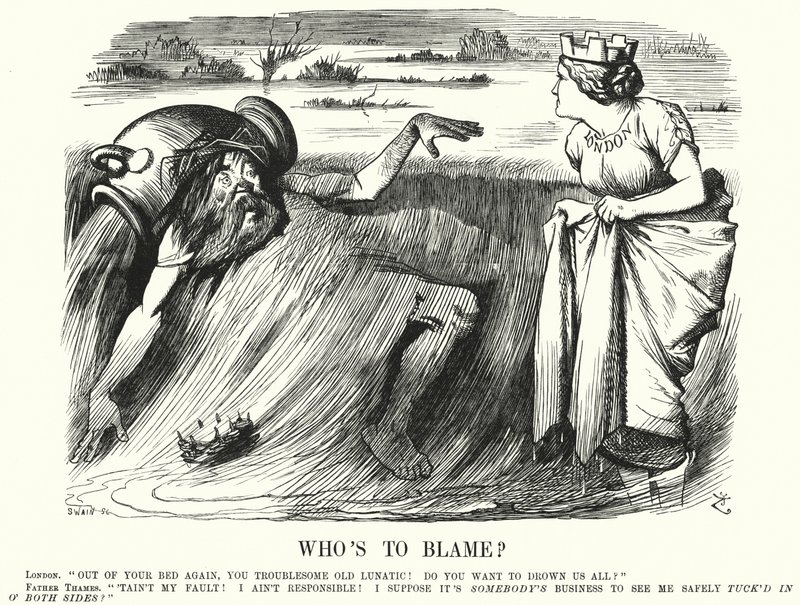 Soco cartoon: Quem é o culpado? - chamadas para tomar medidas para evitar a inundação do Tamisa em Londres (gravura) de John (after) Tenniel