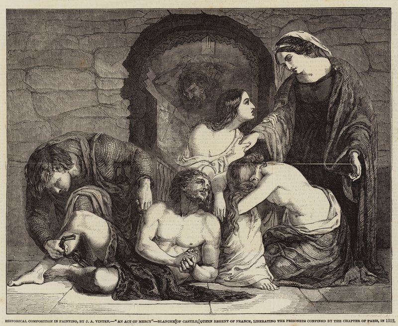 Composição Histórica em Pintura, Um Ato de Misericórdia, Blanche de Castela, Rainha Regente da França, libertando os Prisioneiros confinados pelo Capítulo de Paris, em 1512 de John Alfred Vintner