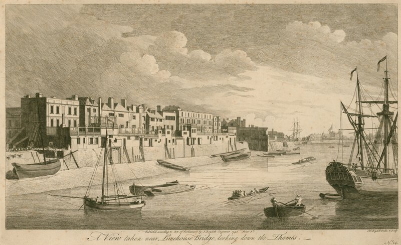 Uma vista tomada perto da ponte de Limehouse que olha abaixo do Tamisa de John Boydell