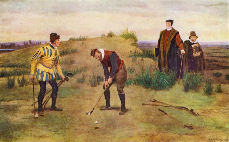 Os Sabbath Breakers, dois homens apanhados a jogar golfe no Sabbath (cor litho) de John Charles (after) Dollman