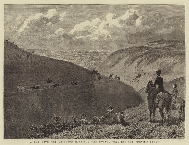 Um dia com os Brighton Harriers, os Hounds cruzando o Dique do Diabo de John Charles Dollman