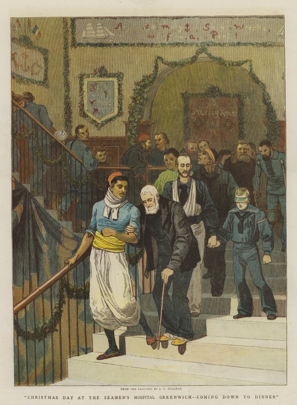 Dia de Natal no Hospital dos Marinheiros de Greenwich, chegando ao Jantar (cromolitro) de John Charles Dollman