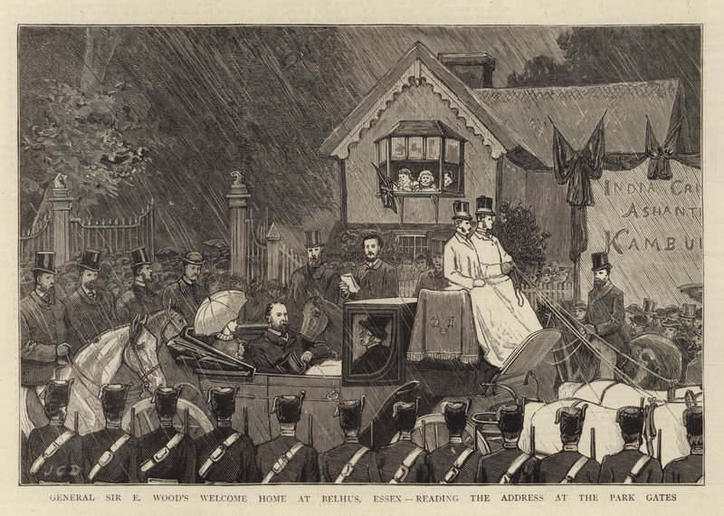 A Casa de Boas Vindas do General Sir E Wood em Belhus, Essex, lendo o endereço nos Portões do Parque de John Charles Dollman